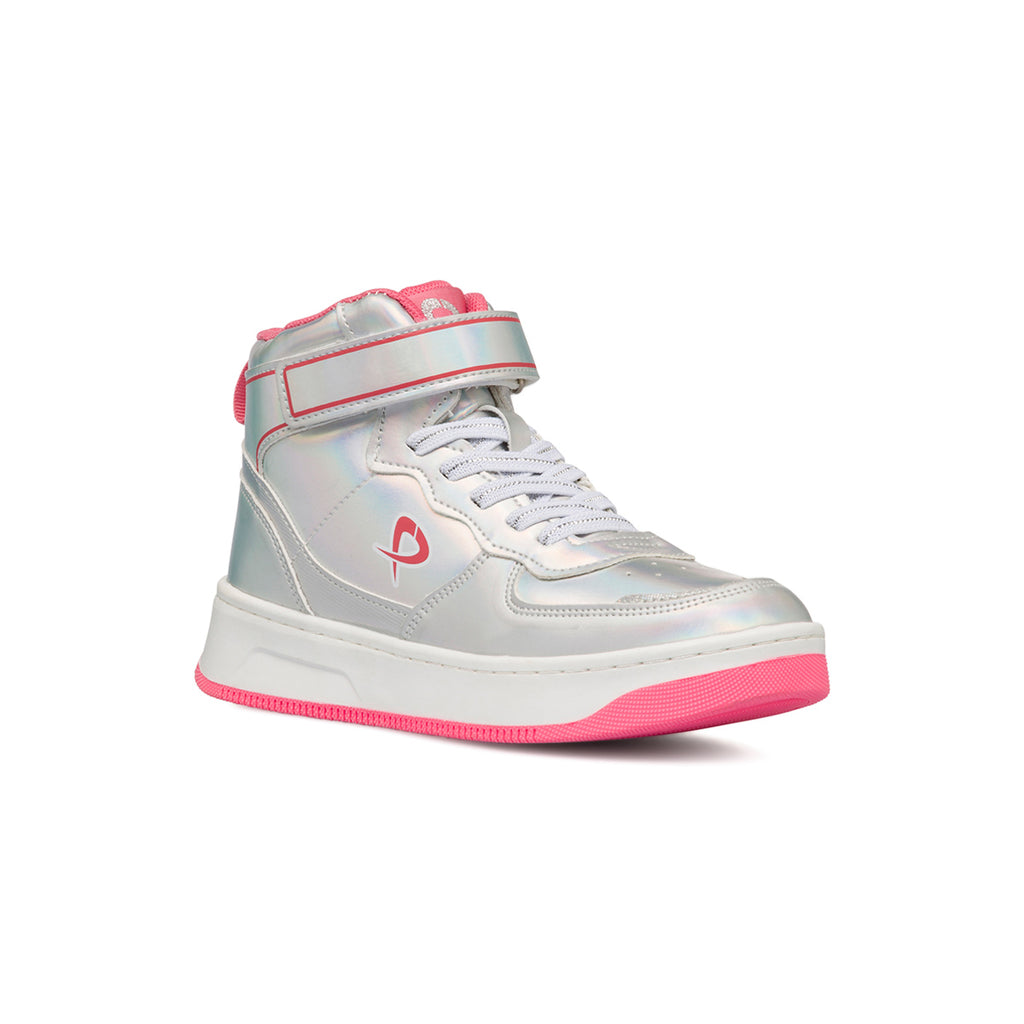 Sneakers alte grigie iridescenti da bambina con dettagli rosa P Go
