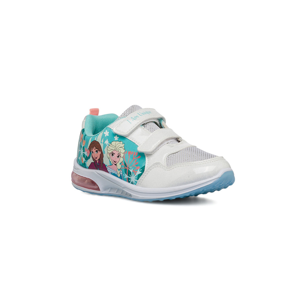 Sneakers bianche e azzurre da bambina con luci nella suola e logo Frozen