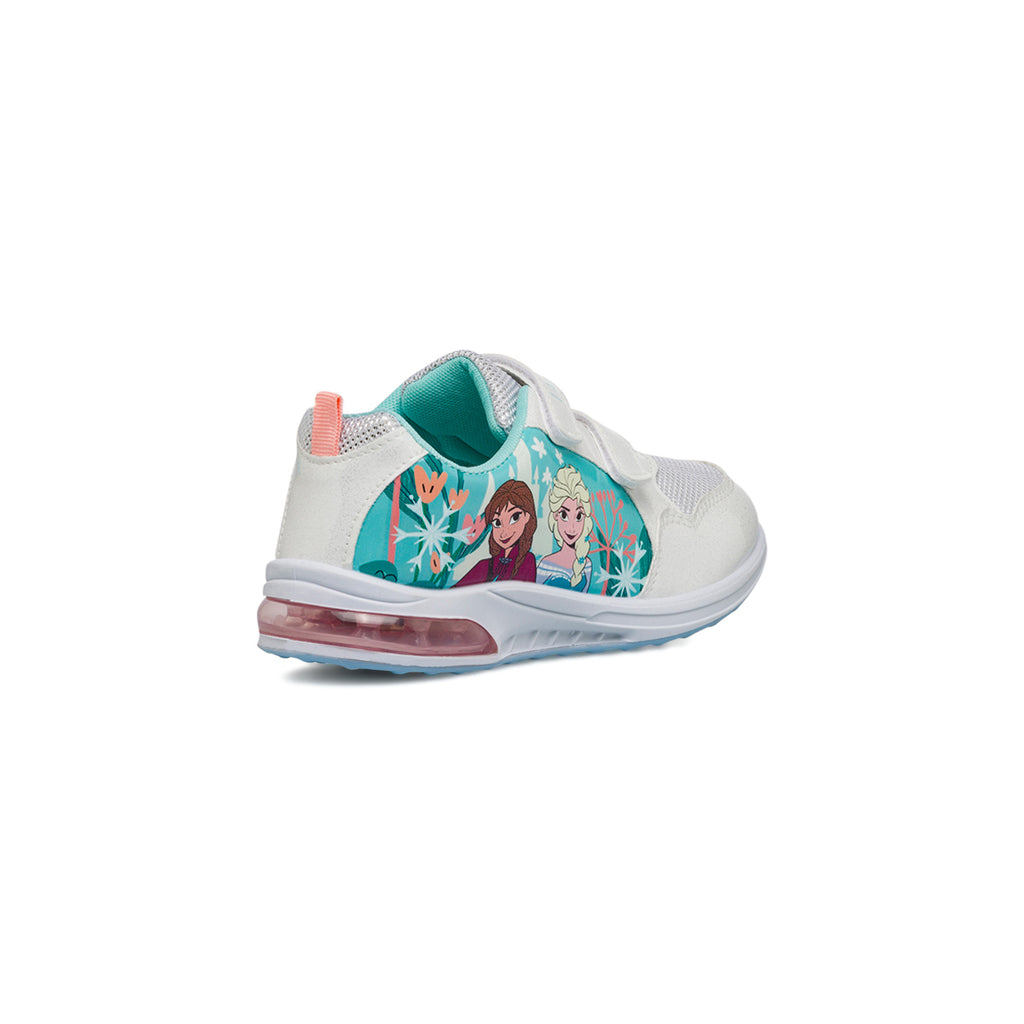 Sneakers bianche e azzurre da bambina con luci nella suola e logo Frozen