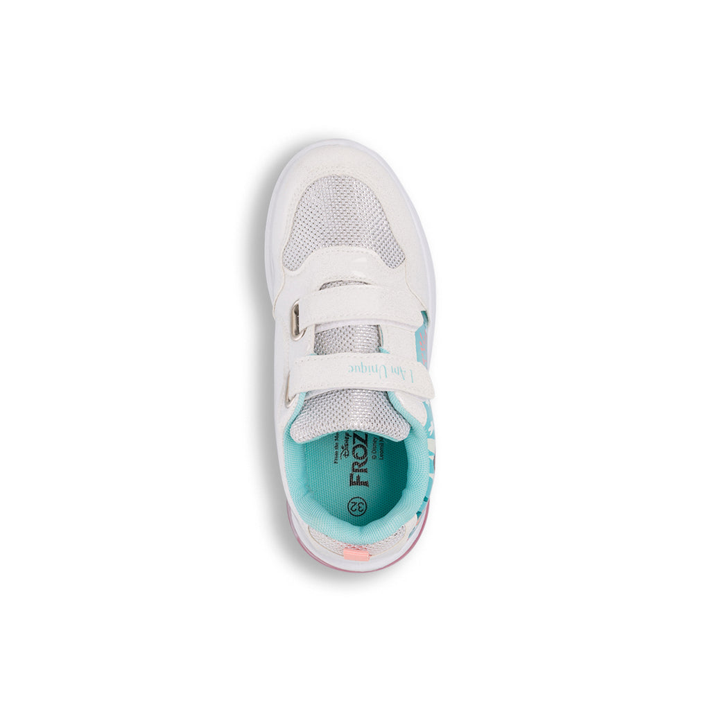 Sneakers bianche e azzurre da bambina con luci nella suola e logo Frozen