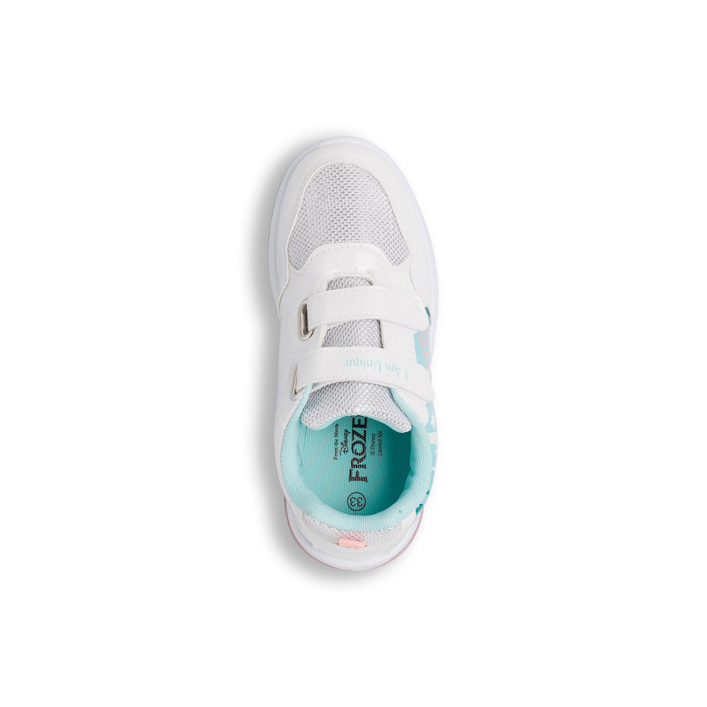 Sneakers bianche e azzurre da bambina con luci nella suola e logo Frozen