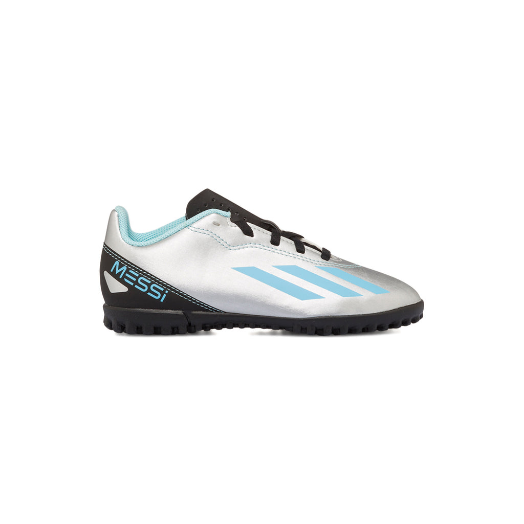 Scarpe da calcetto argento da bambino con strisce azzurre adidas X Crazyfast Messi.4 TF J