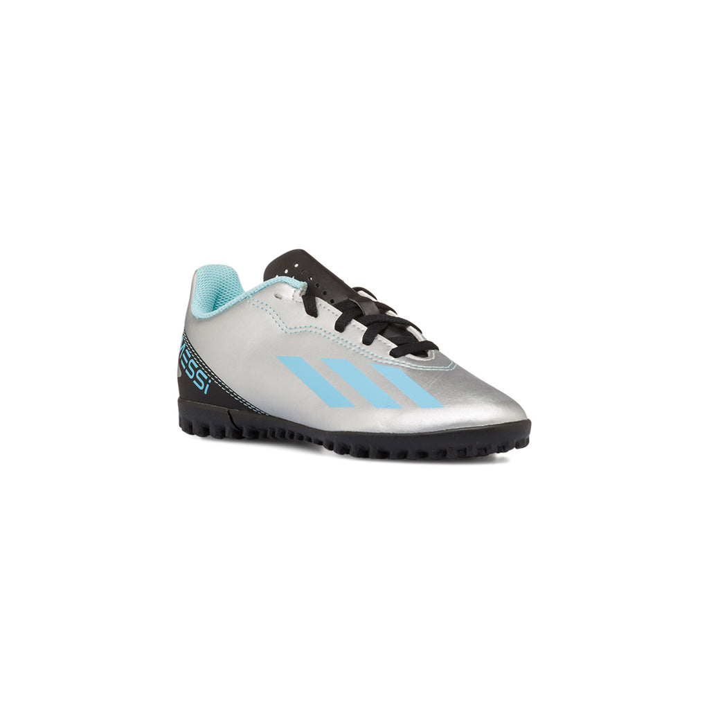 Scarpe da calcetto argento da bambino con strisce azzurre adidas X Crazyfast Messi.4 TF J