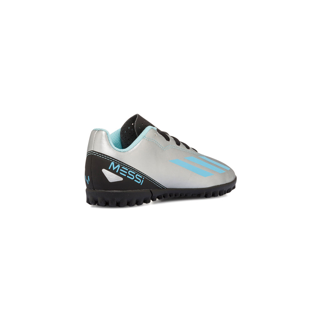 Scarpe da calcetto argento da bambino con strisce azzurre adidas X Crazyfast Messi.4 TF J