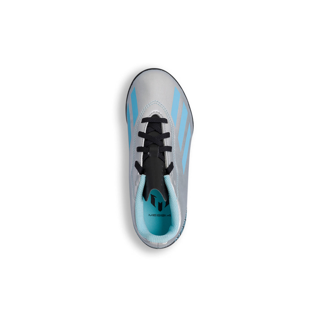 Scarpe da calcetto argento da bambino con strisce azzurre adidas X Crazyfast Messi.4 TF J