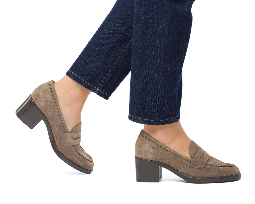 Mocassini marroni in pelle da donna con tacco a blocco 6 cm P Essentiials