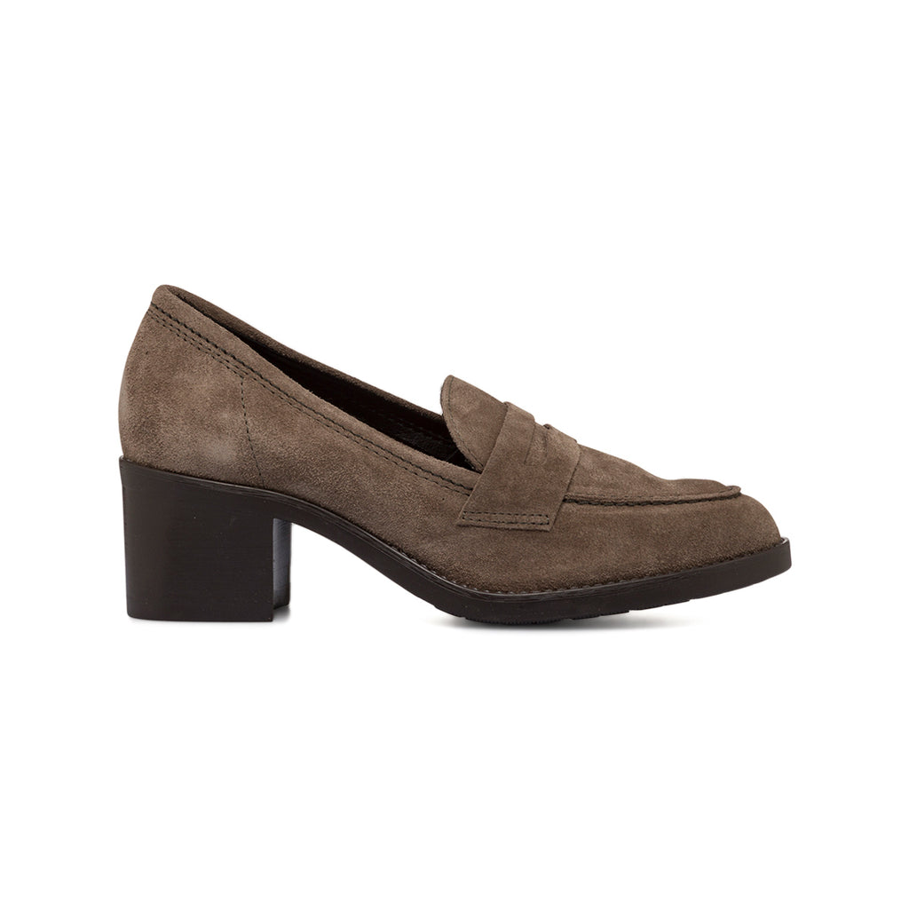 Mocassini marroni in pelle da donna con tacco a blocco 6 cm P Essentiials