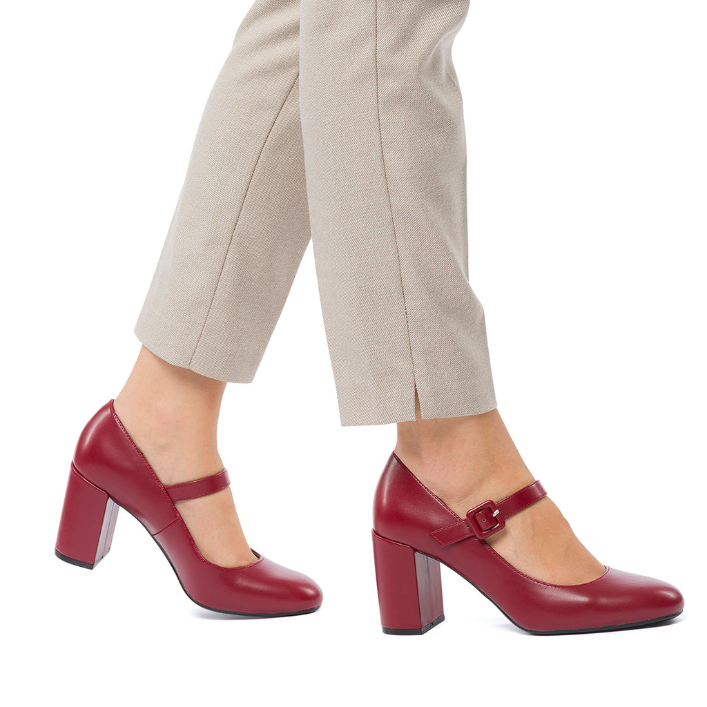 Décolleté Mary Jane bordeaux con cinturino e tacco a blocco 8 cm Lora Ferres