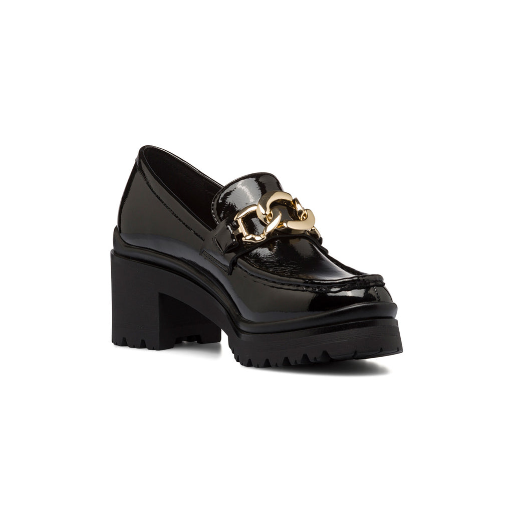 Mocassini chunky da donna neri in vernice con tacco 6 cm e maxi-catena Lora Ferres