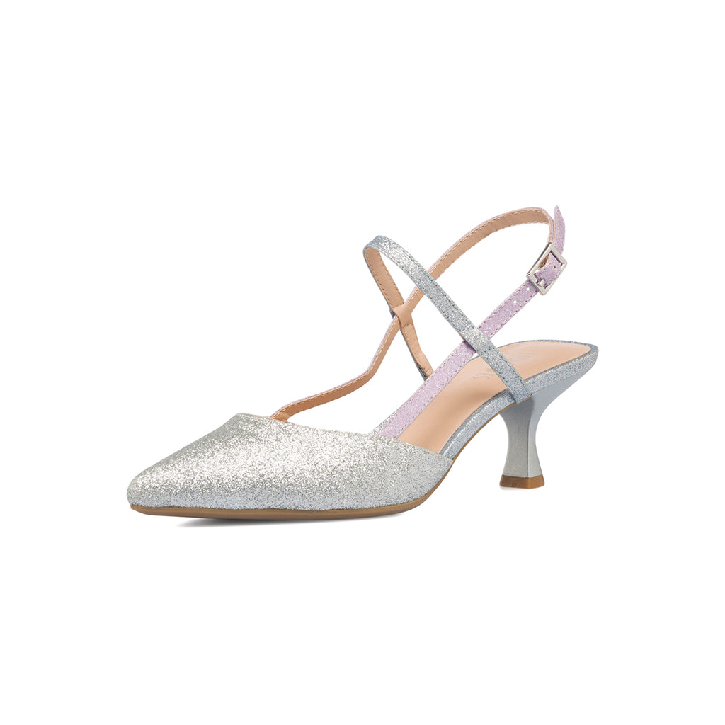 Décolleté gioiello slingback argento glitterate con dettagli lilla Lora Ferres