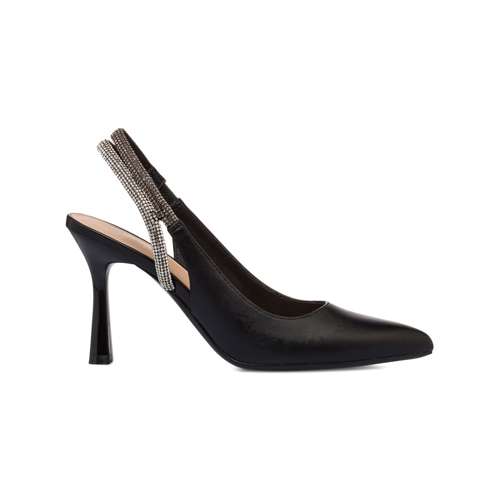 Décolleté slingback nere con strass gioiello sul cinturino e tacco a stiletto 9 cm Lora Ferres