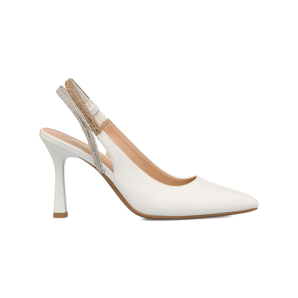 Décolleté slingback bianche con strass gioiello sul cinturino e tacco a stiletto 9 cm Lora Ferres