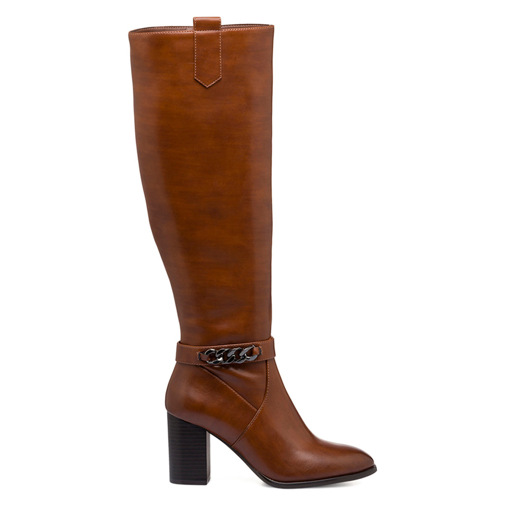 Stivali marroni da donna con tacco 8 cm e catenina Lora Ferres