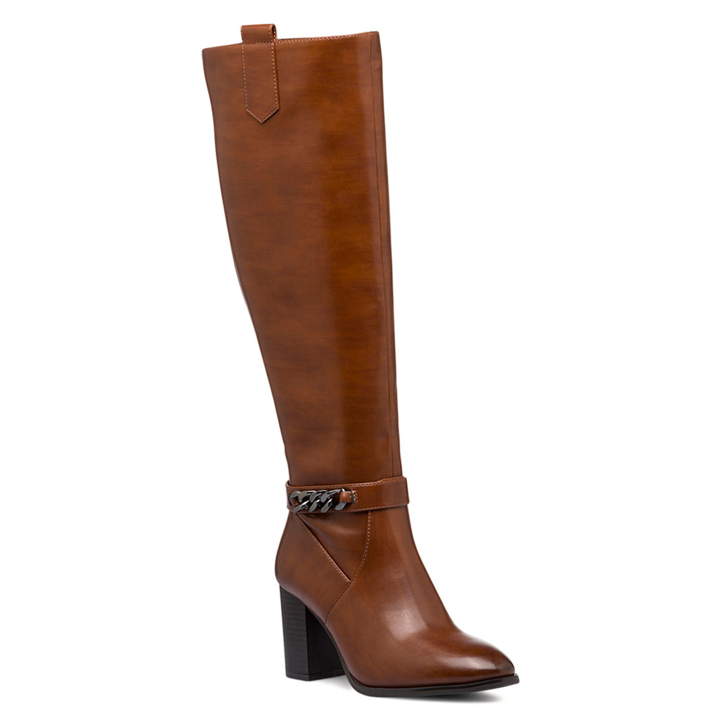 Stivali marroni da donna con tacco 8 cm e catenina Lora Ferres