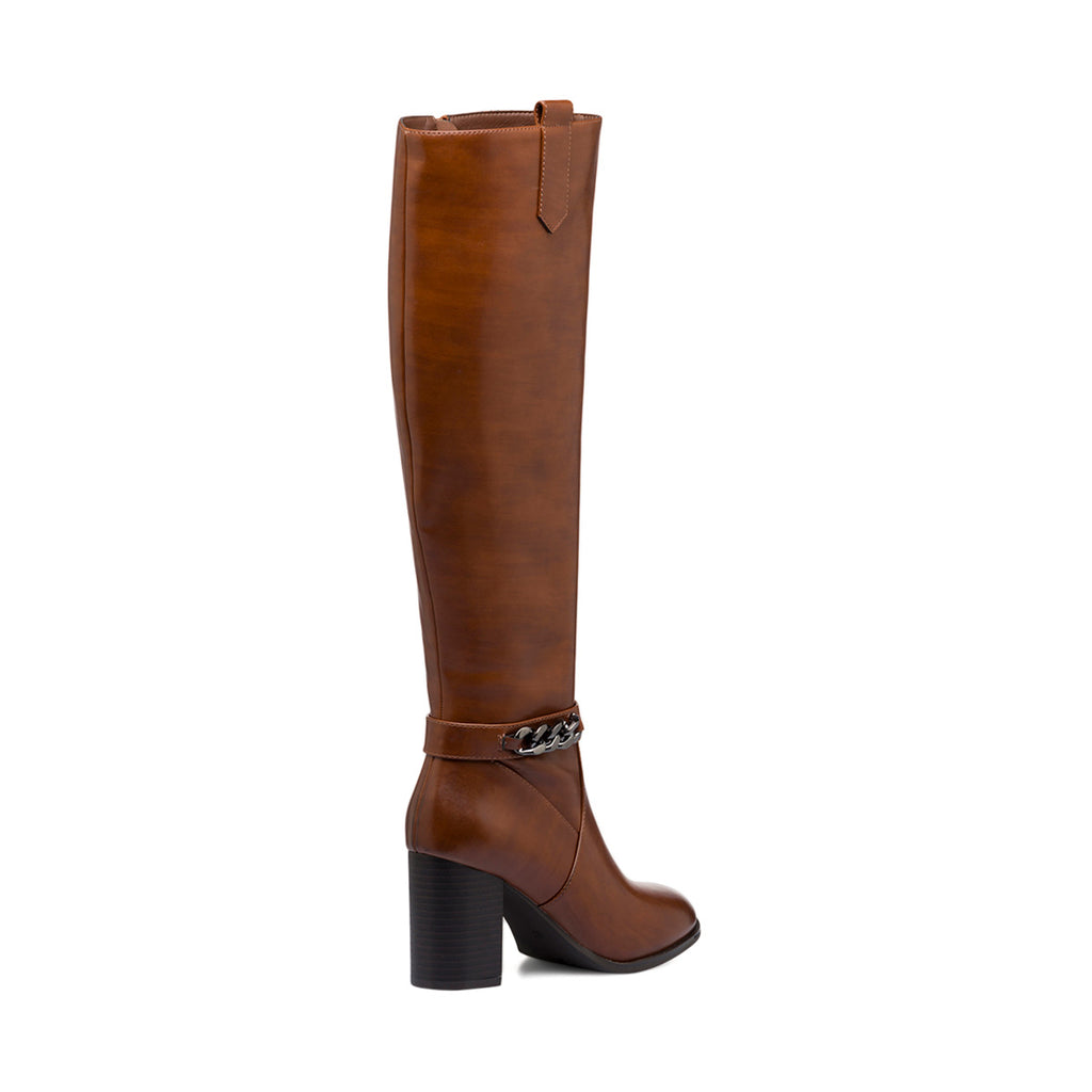 Stivali marroni da donna con tacco 8 cm e catenina Lora Ferres