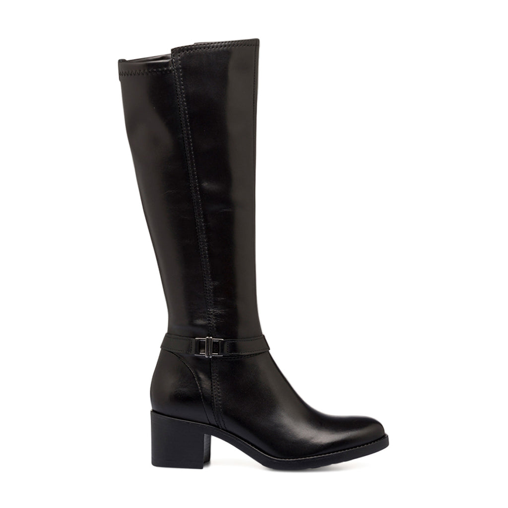 Stivali alti neri in pelle da donna con tacco 6 cm e cinturino P Essentials