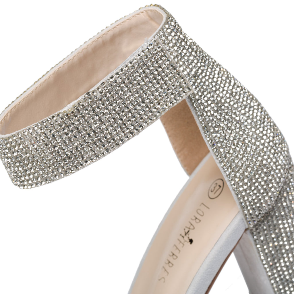 Sandali gioiello color argento con applicazione di strass Lora Ferres
