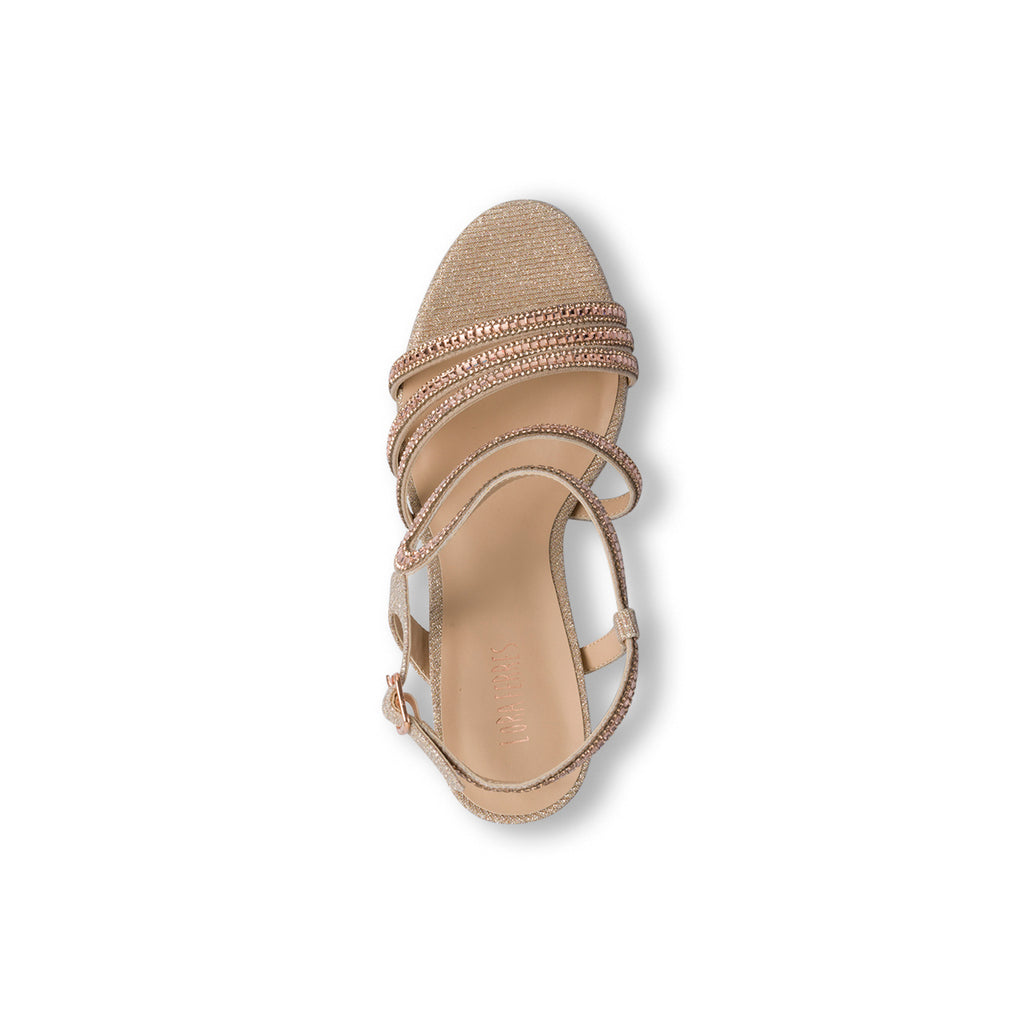 Sandali gioiello champagne glitterati da donna con tacco 11 cm e plateau Lora Ferres