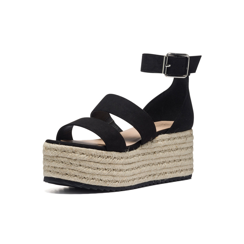 Zeppe nere in tessuto con suola in corda 6 cm e fascia doppia Lora Ferres