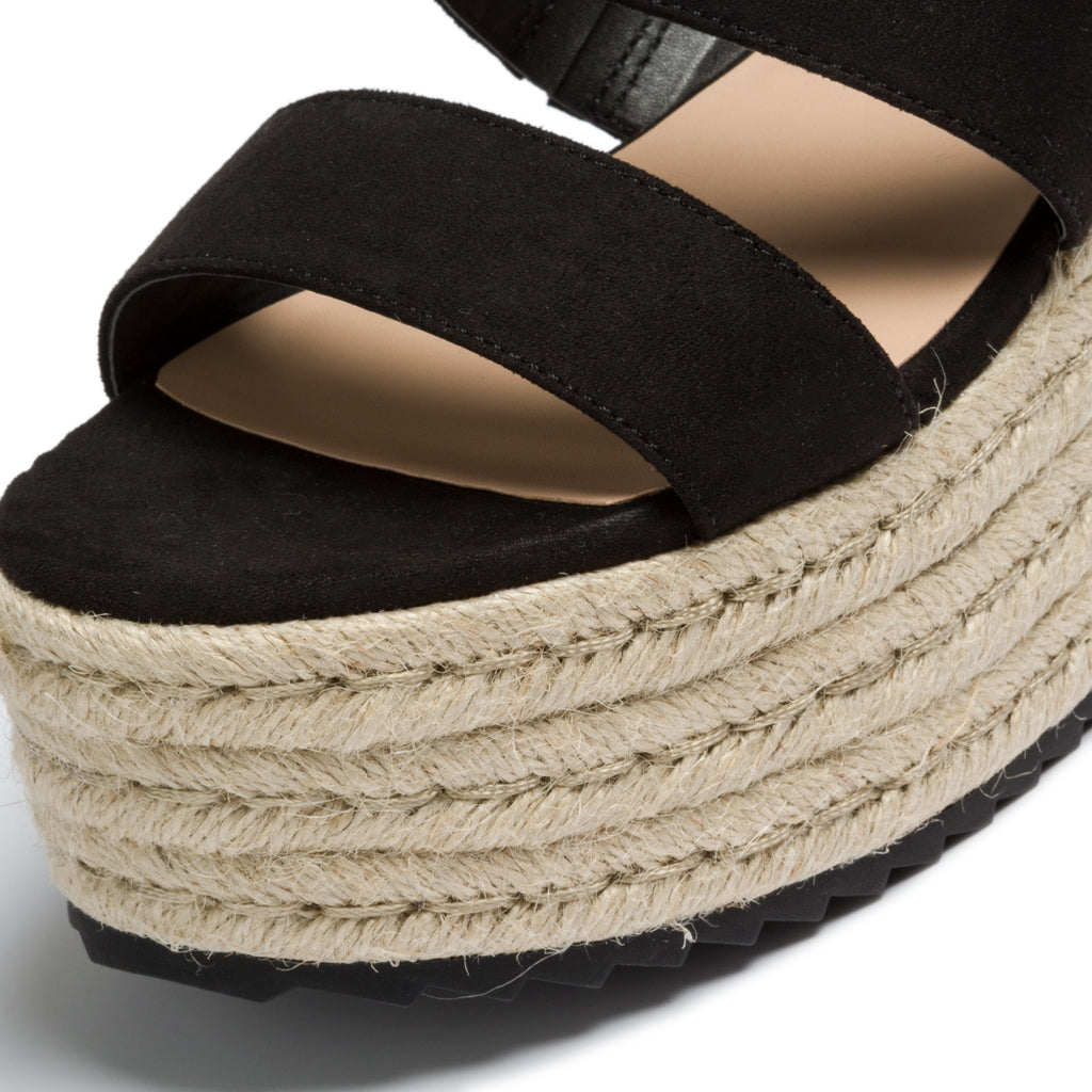 Zeppe nere in tessuto con suola in corda 6 cm e fascia doppia Lora Ferres