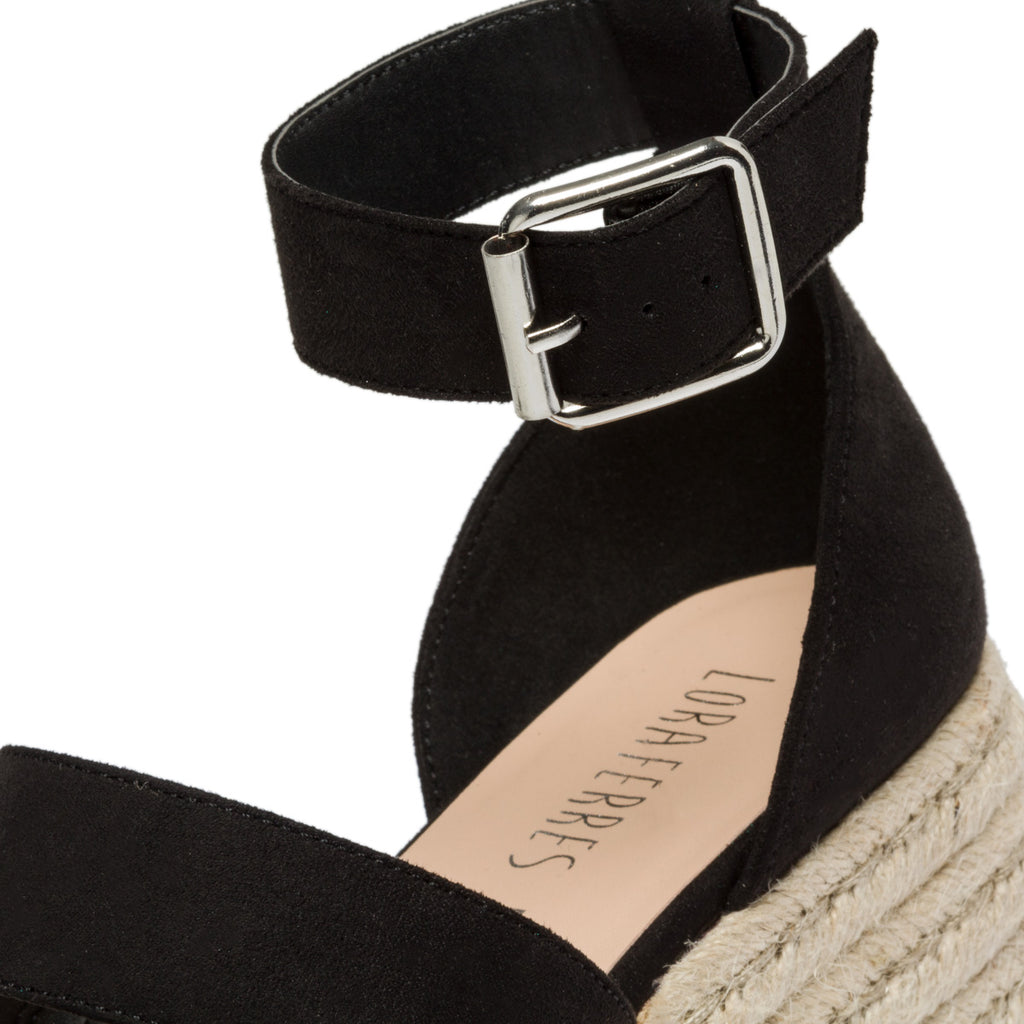 Zeppe nere in tessuto con suola in corda 6 cm e fascia doppia Lora Ferres