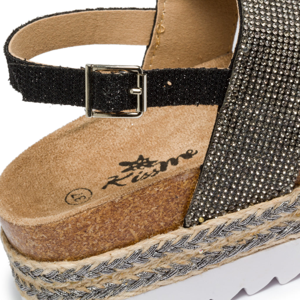 Zeppe nere in tessuto con suola in corda e applicazione di glitter Lora Ferres