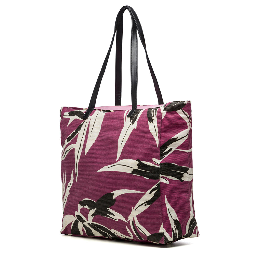 Borsa mare con fantasia tropicale colore viola Lora Ferres